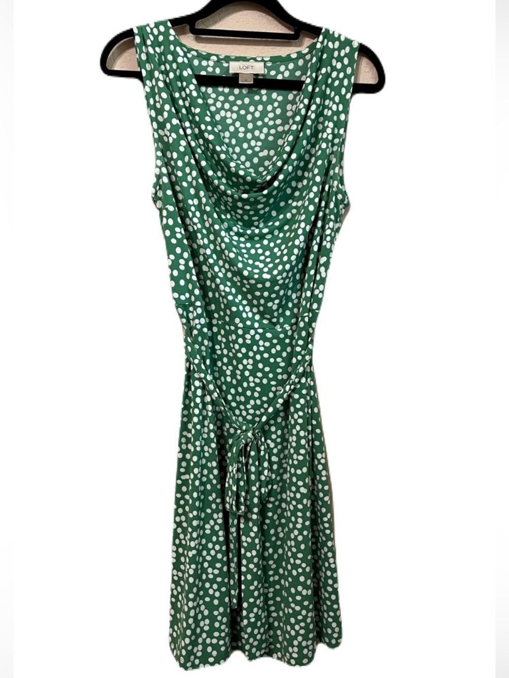 Loft cowl neck green polka dot dress EUC medium